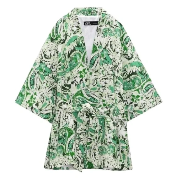 Zara Linen Blend Kimono Tie Front Mid Length Green Paisley Print Size Med/Large - Picture 5 of 16